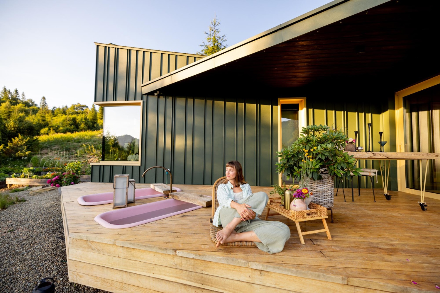 view of a woman lounging on a new deck