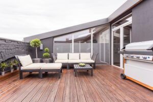 view of a composite deck connected to a house.