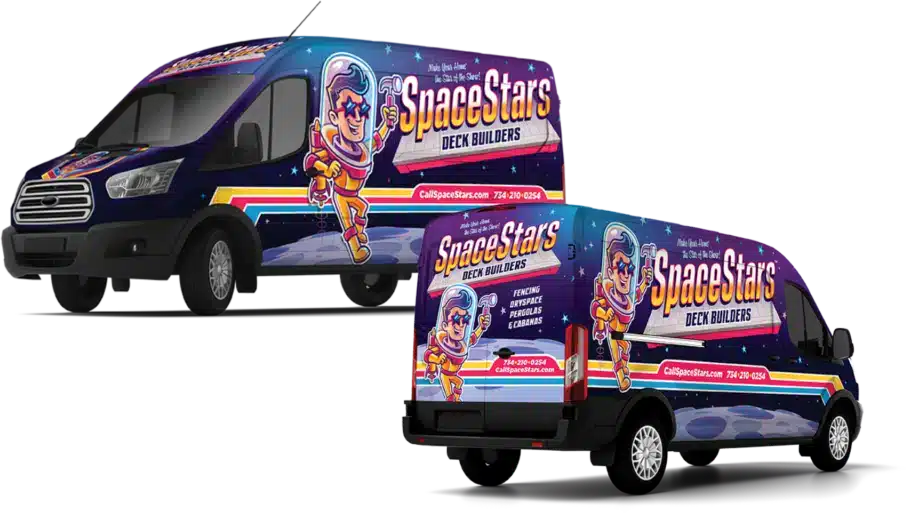 A van with the space stars logo wrapped on it,. 